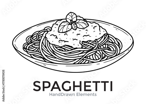 Detailed black and white illustration of spaghetti pasta dish with sauce and basil garnish.