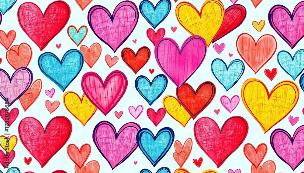 Fototapeta premium Vibrant, whimsical hand-drawn hearts in a seamless repeat pattern perfect for textiles, love hearts, pretty