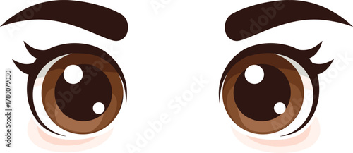 Cute anime brown eyes illustration, kawaii cartoon vector art, expressive manga design with glossy highlights, adorable facial expression digital artwork
