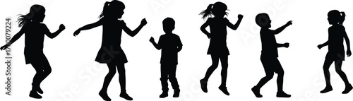 Silhouette of happy children dancing and jumping together, active kids movement, fun childhood activity, freedom, energy, joy, outdoor playtime, happiness