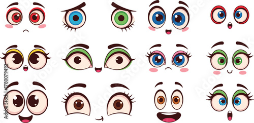 Cute cartoon eyes collection vector, anime and manga expression set, colorful kawaii face emotions, funny digital art illustration design