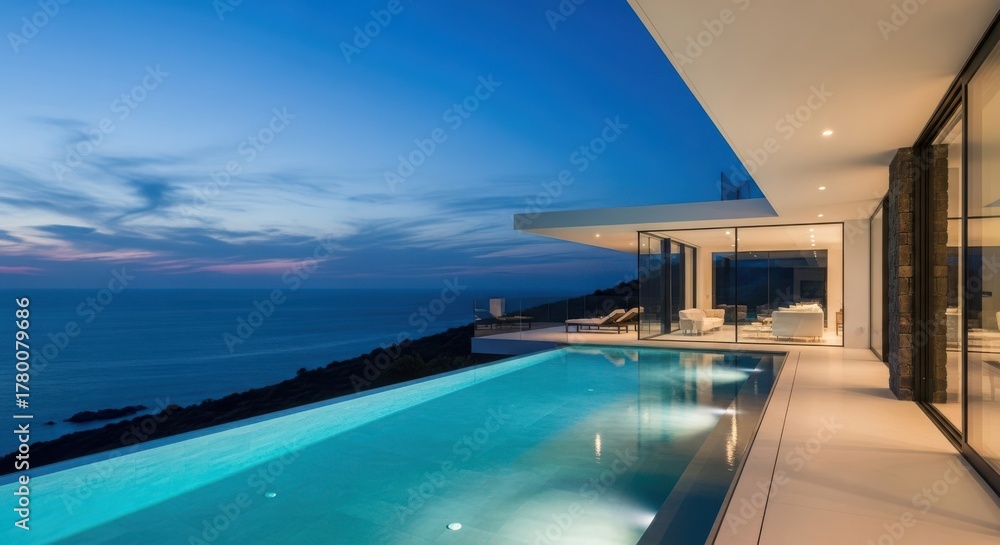 Fototapeta premium Panoramic view of a contemporary luxury villa with an infinity pool and ocean vista at twilight