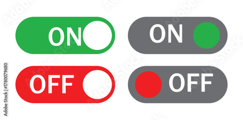 Toggles On and Off, green and red buttons, with black and white variations.