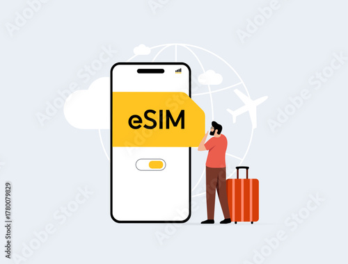 Travel eSIM technology - global connectivity without physical SIM cards. Travel e-sim enabling easy activation, flexible data plans, reliable internet access for travelers worldwide illustration.