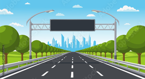 Vector illustration of a wide highway road leading to a modern city skyline with a large empty sign for text. Journey concept background