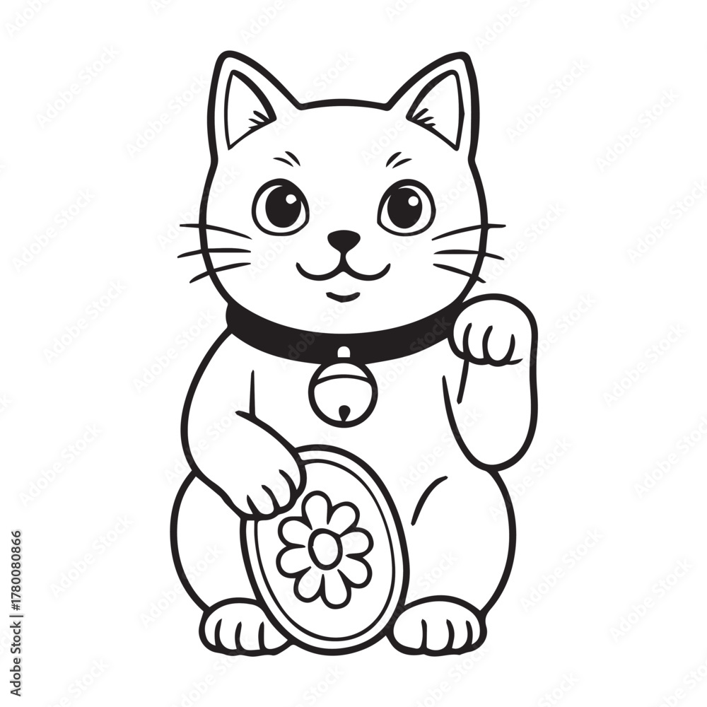 Obraz premium A minimalist black and white vector of a Chinese fortune cat statue, reflecting prosperity, happiness, and cultural grace through refined traditional artistry.