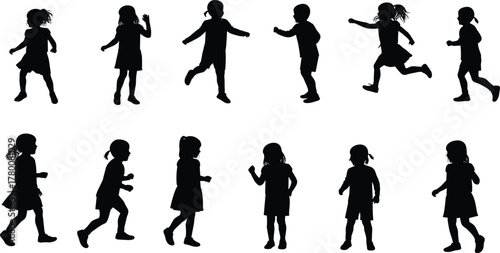 Silhouette of children running and playing outdoors, active kids movement, joyful childhood moments, healthy lifestyle, fun activity, freedom, happiness, togetherness