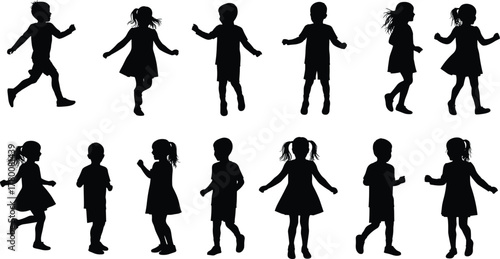 Silhouette of children walking and running in motion, active boys and girls playing outdoors, vector design for childhood activity concept