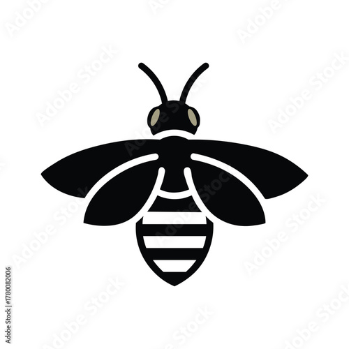 Stylized black bee icon with striped abdomen on white background insect symbol