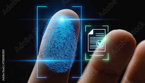 The Fingerprint Scan. A futuristic blue neon light is scanning the fingerprint. On a holographic display, a virtual document is receiving a glowing green checkmark as the scan completes.
