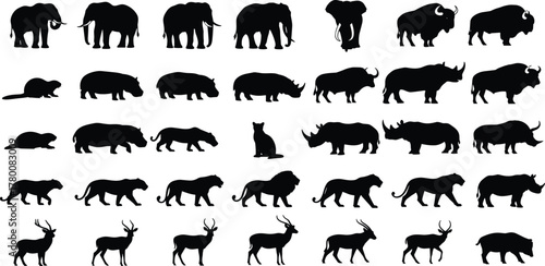 A collection of diverse animal silhouettes, including elephants, rhinoceroses, lions, deer, and buffalo, showcasing a variety of wildlife