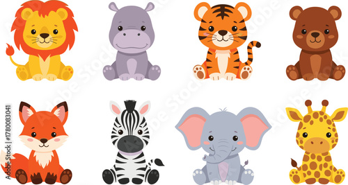 A charming collection of cute safari and woodland baby animals sitting together. Adorable characters like lion, tiger, and bear for kids' projects and nursery decoration