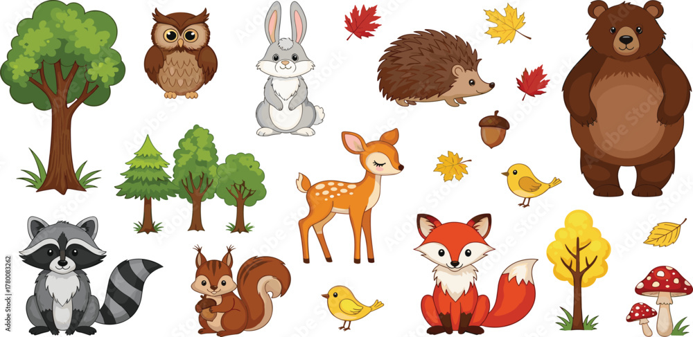 Fototapeta premium Adorable forest animals and trees, cute woodland creatures including a fox, deer, bear, owl, rabbit, and hedgehog in a playful illustration