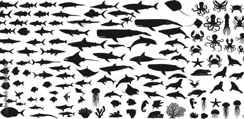 Silhouette collection of various marine animals including fish, sharks, dolphins, whales, jellyfish, and octopus for underwater theme