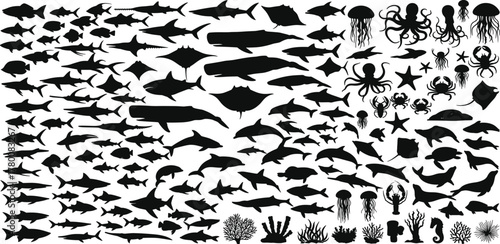 Diverse Underwater Silhouette Collection Sharks, Whales, Rays, and Oceanic Creatures Silhouettes