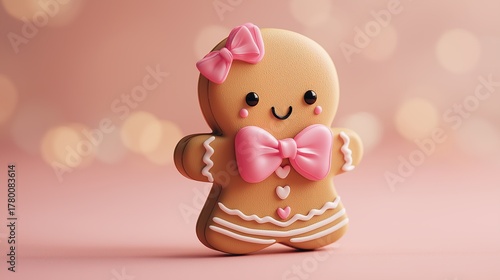 Gingerbread girl with pink bows and heart icing details.