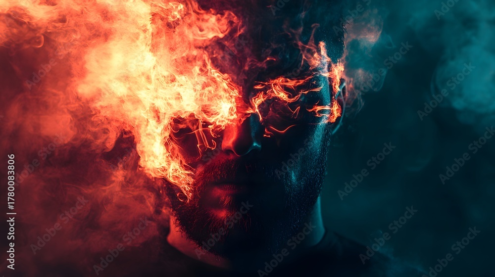 Fototapeta premium A man's face is half engulfed in flames and half in smoke, representing duality or conflict.