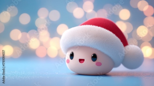 Happy Santa-hat character on frosty blue background with lights.