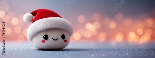 Cute character in Santa hat with festive blurred lights.