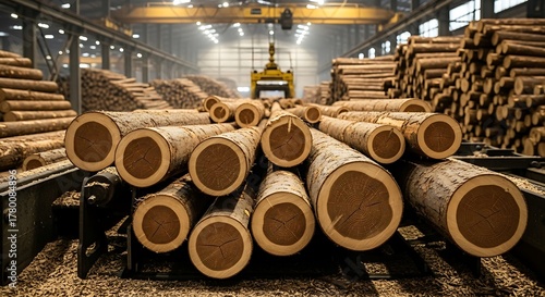 Stacked logs in warehouse industrial timber woodpile lumber storage forestry resources