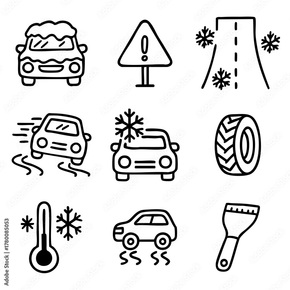 Fototapeta premium A set of doodle line icons related to winter driving, showing snow-covered cars, icy roads, tire traction, cold weather, and safety tools