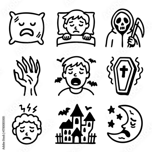 A set of doodle line icons depicting nightmares, with spooky imagery like grim reaper, haunted house, coffin, and scared sleepers