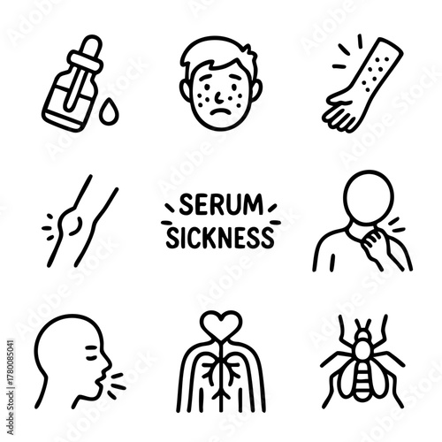 A set of doodle line icons illustrating serum sickness symptoms, including rash, swelling, cough, itching, joint pain, and allergic reactions