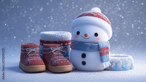 Cute snowman with winter boots and knitted accessories in a snowy scene.