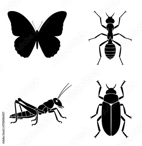 Elegant insect collection silhouette design: Butterfly, ant, grasshopper, and beetle icons for nature projects and educational resources, perfect for entomology
