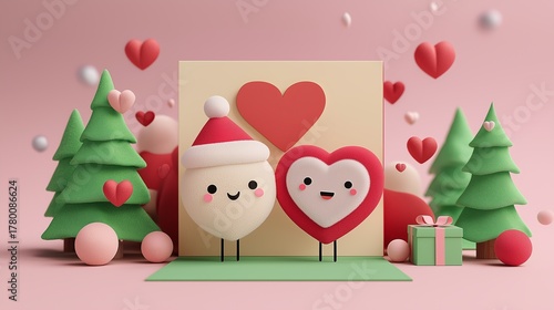 Cute heart and Santa characters in a festive scene mixing Christmas and Valentine’s Day.