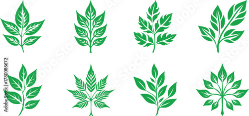 Set of green leaf icons. Green color. Leafs green color icon logo. Leaves on white background. Ecology. Vector illustration.
