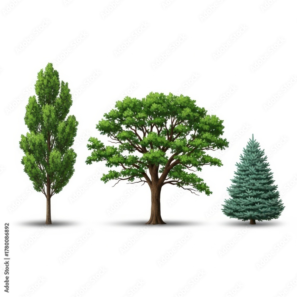 Obraz premium Three distinct trees displayed against a bright white backdrop