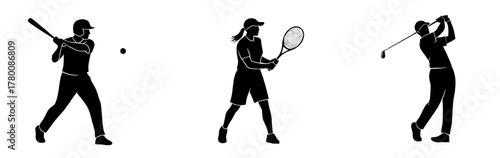 Dynamic silhouettes showcasing baseball, tennis, and golf athletes in action, perfect for sports branding, fitness campaigns, and active lifestyle promotions