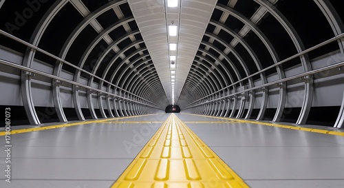 Empty subway walkway tunnel - low angle view. Perspective view of silver tube corridor between underground station platforms. Tactile directional blocks in the middle.