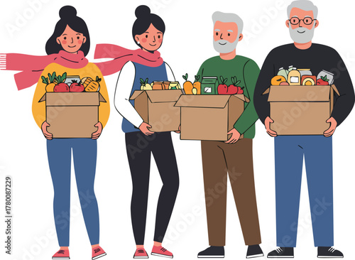 Four people of different ages holding cardboard boxes filled with food and groceries.
