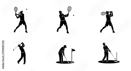 Dynamic Tennis and Golf Action Set: Sporting Activity Icons for Active Lifestyle Designs, Fitness Promotions and Recreational Content, Originally Vector Art