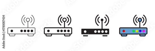 Set of minimalist wireless router icons with transparent background, depicting network devices for internet connectivity, web access, and communication, vector illustration