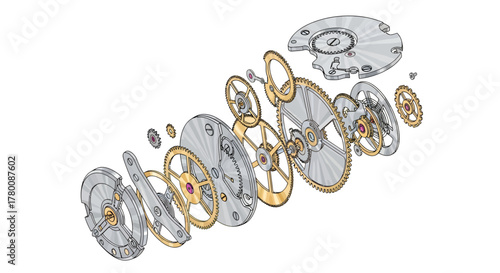 Intricate watch mechanism components in an exploded view showcasing gears, plates, and pivots on white.
