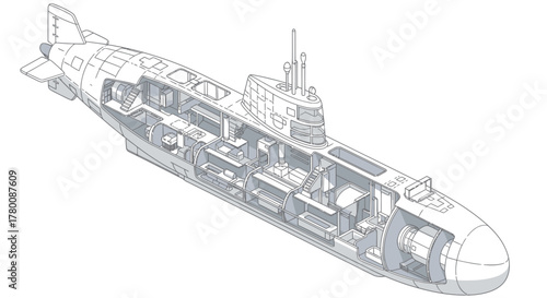 Detailed isometric cutaway diagram illustrating the complex internal structure of a military submarine vessel.