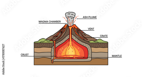 Detailed cross-section diagram illustrating the internal structure and eruption process of a volcano.