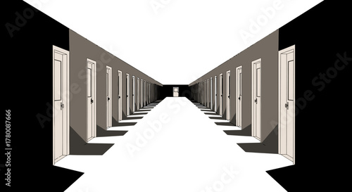 A long, symmetrical hallway with numerous closed doors receding into the distance, creating a path.