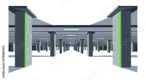 Long perspective view of an empty underground concrete structure with numerous pillars and green accents.