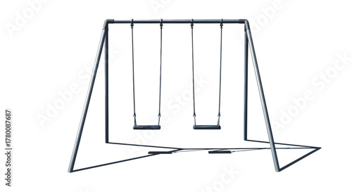 A metallic gray playground swing set with two dark seats stands isolated on a white background.