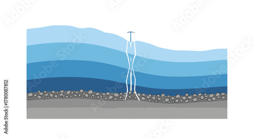 Vertical pickaxe tool piercing through distinct blue water layers and a gravel stratum.