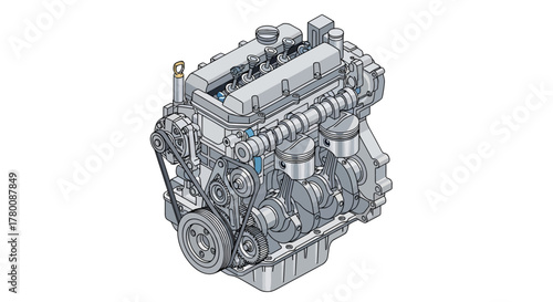 Detailed technical illustration of a four-cylinder internal combustion engine with visible components.