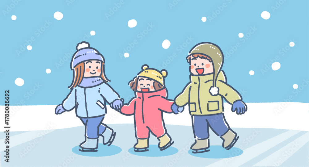 Fototapeta premium 冬にアイススケートをする男の子と女の子の背景ありイラスト