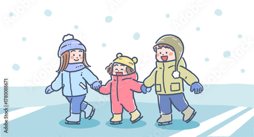 冬にアイススケートをする男の子と女の子の背景ありイラスト