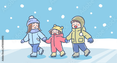 冬にアイススケートをする男の子と女の子の背景ありイラスト