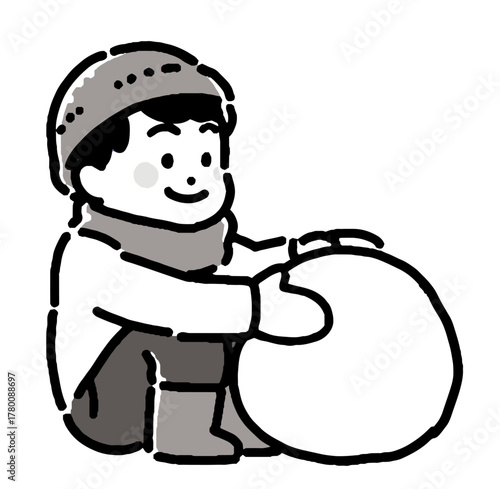 雪遊びする男の子のモノクロイラスト