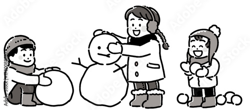 雪遊びする子供たちのモノクロイラスト	
